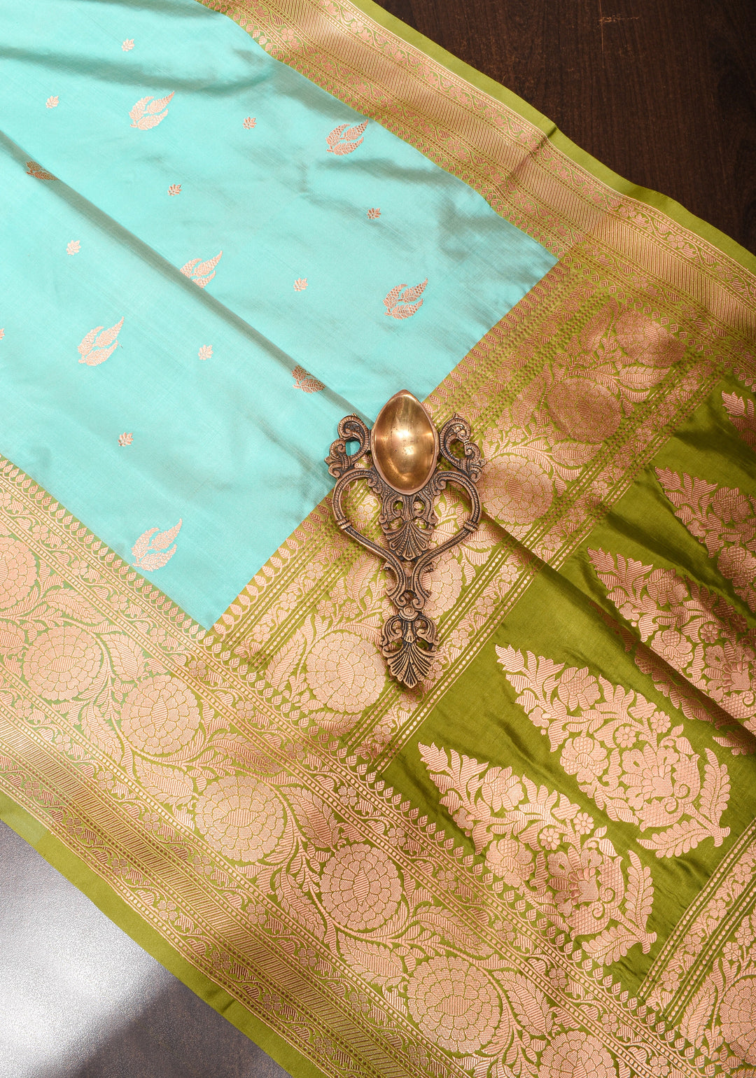 Aqua Banarasi Katan Silk Saree with Zari Buttas and Moss Green Contrast Zari Borders| SILK MARK CERTIFIED