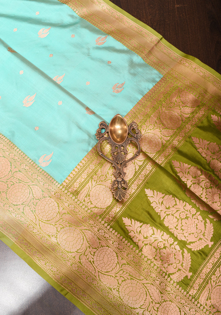 Aqua Banarasi Katan Silk Saree with Zari Buttas and Moss Green Contrast Zari Borders| SILK MARK CERTIFIED