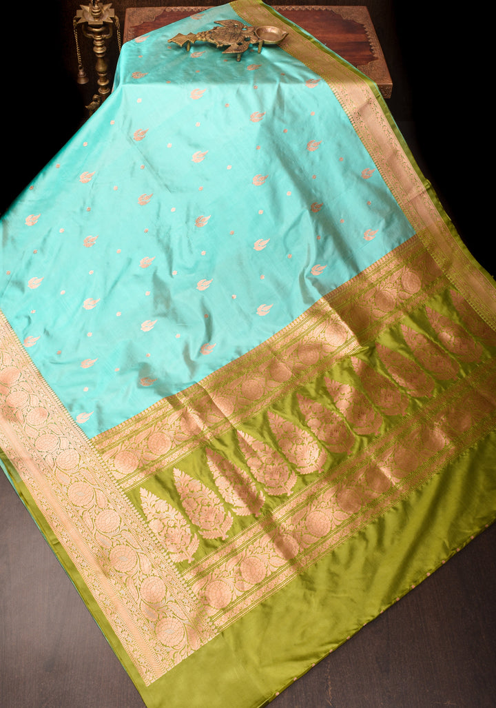 Aqua Banarasi Katan Silk Saree with Zari Buttas and Moss Green Contrast Zari Borders| SILK MARK CERTIFIED