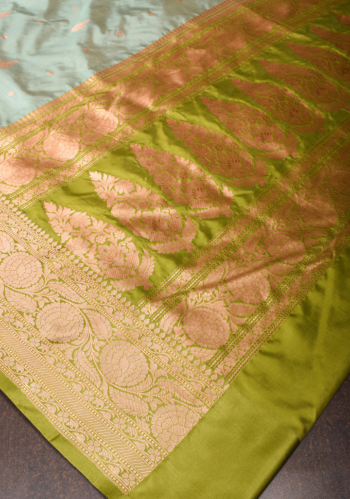 Gray Banarasi Katan Silk Saree with zari buttas and contrast border | SILK MARK CERTIFIED