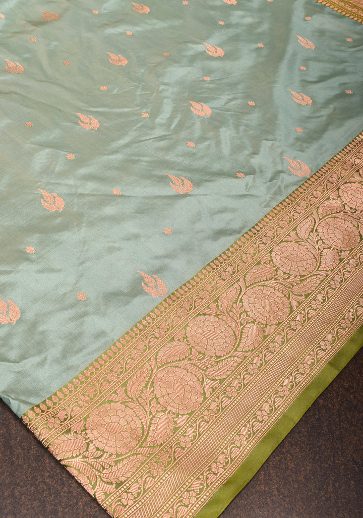Gray Banarasi Katan Silk Saree with zari buttas and contrast border | SILK MARK CERTIFIED