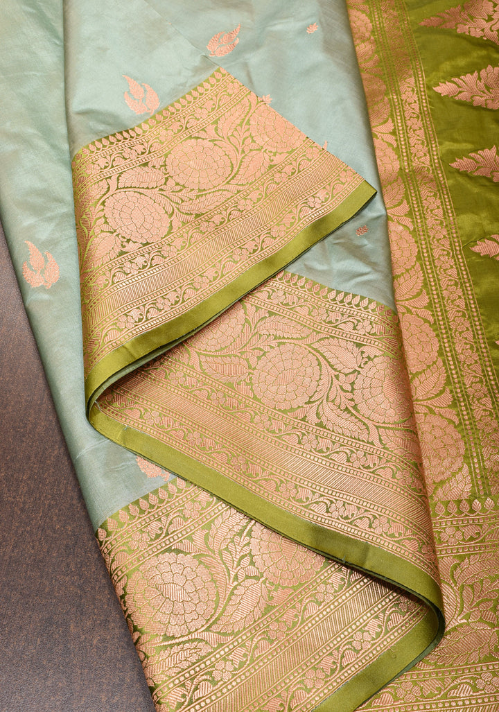 Gray Banarasi Katan Silk Saree with zari buttas and contrast border | SILK MARK CERTIFIED