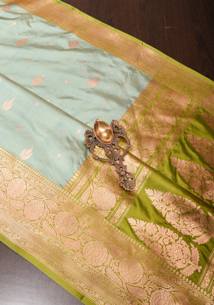 Gray Banarasi Katan Silk Saree with zari buttas and contrast border | SILK MARK CERTIFIED