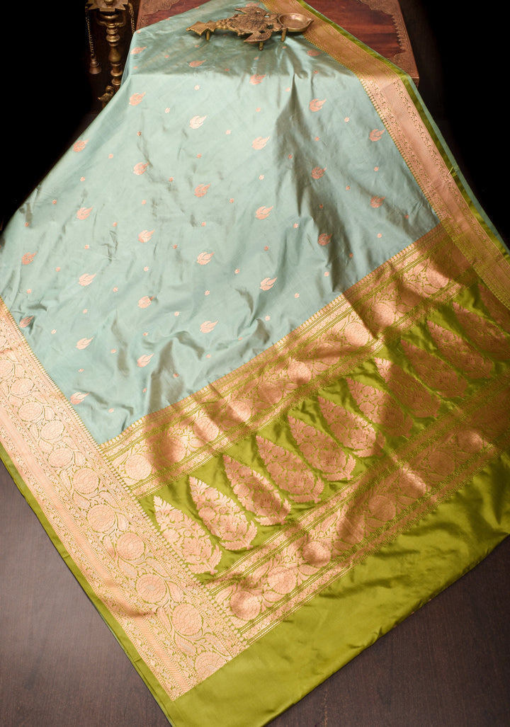 Gray Banarasi Katan Silk Saree with zari buttas and contrast border | SILK MARK CERTIFIED