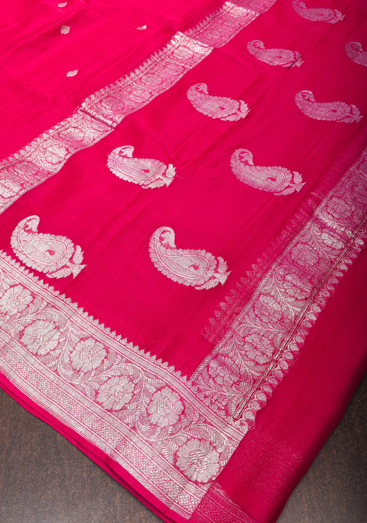 Rani Pink Banarasi Chiffon Silk Saree with Zari Buttas & Zari Border | SILK MARK CERTIFIED