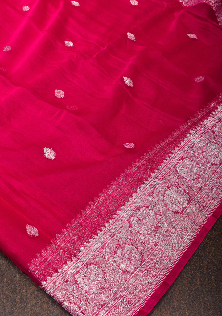 Rani Pink Banarasi Chiffon Silk Saree with Zari Buttas & Zari Border | SILK MARK CERTIFIED