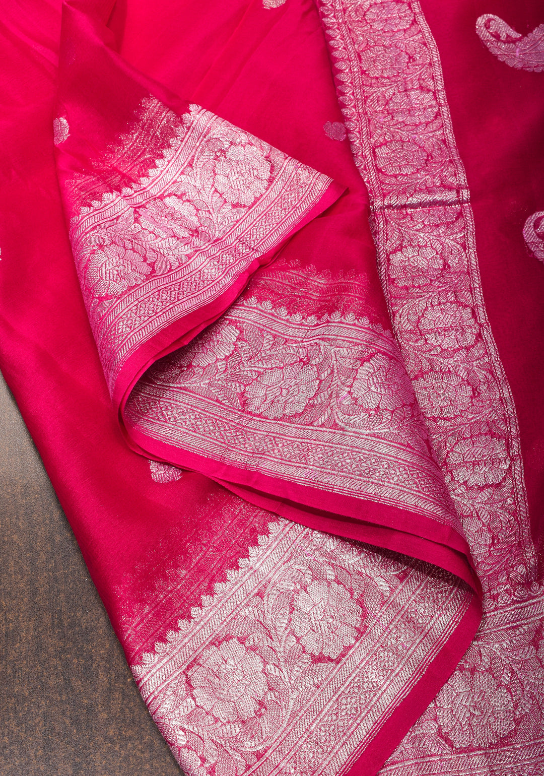 Rani Pink Banarasi Chiffon Silk Saree with Zari Buttas & Zari Border | SILK MARK CERTIFIED