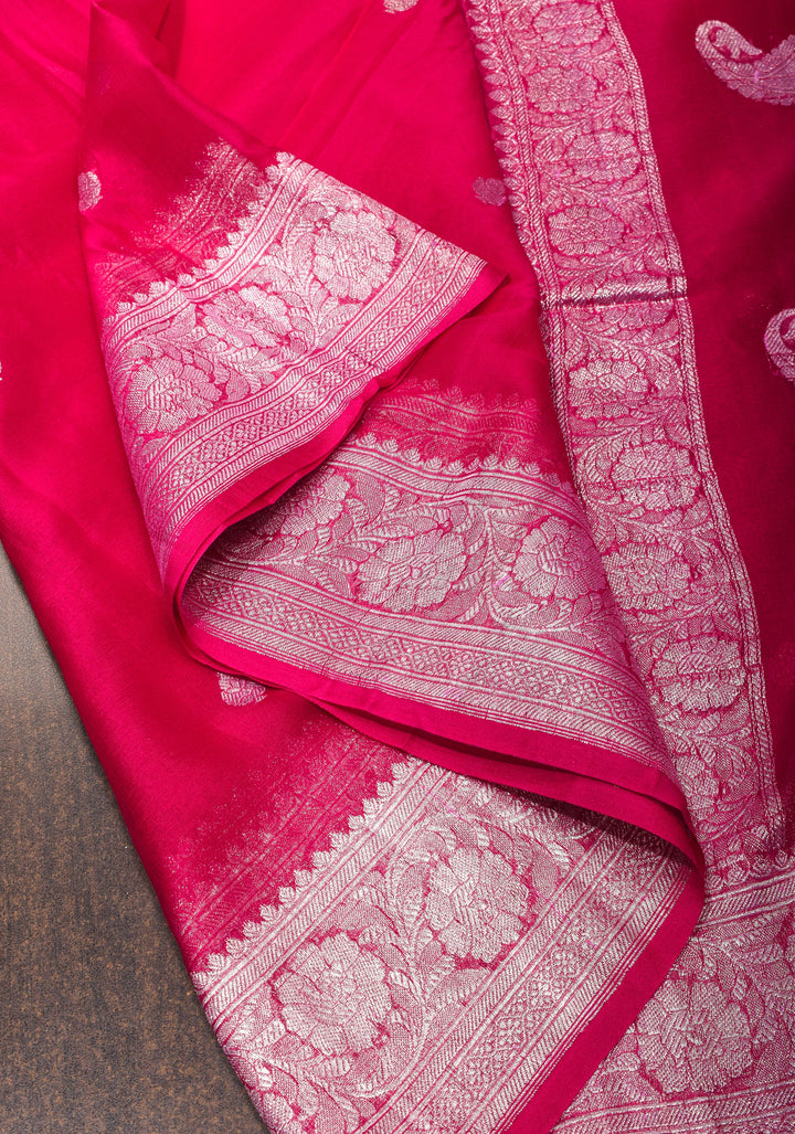Rani Pink Banarasi Chiffon Silk Saree with Zari Buttas & Zari Border | SILK MARK CERTIFIED