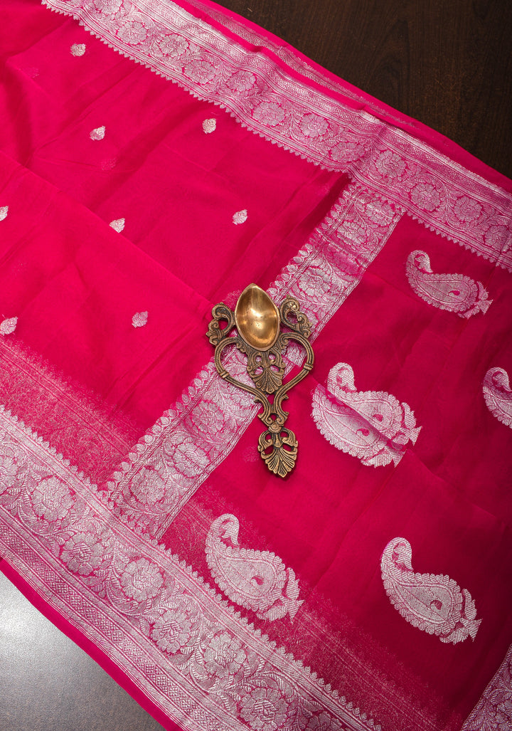 Rani Pink Banarasi Chiffon Silk Saree with Zari Buttas & Zari Border | SILK MARK CERTIFIED