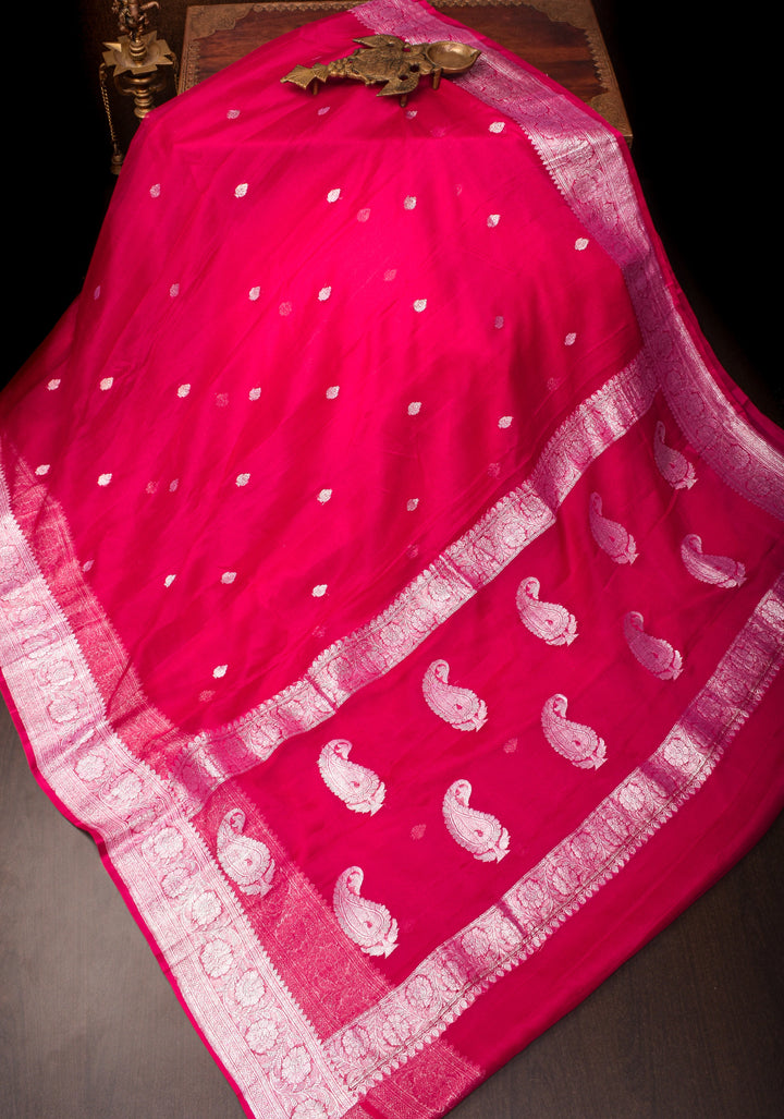 Rani Pink Banarasi Chiffon Silk Saree with Zari Buttas & Zari Border | SILK MARK CERTIFIED