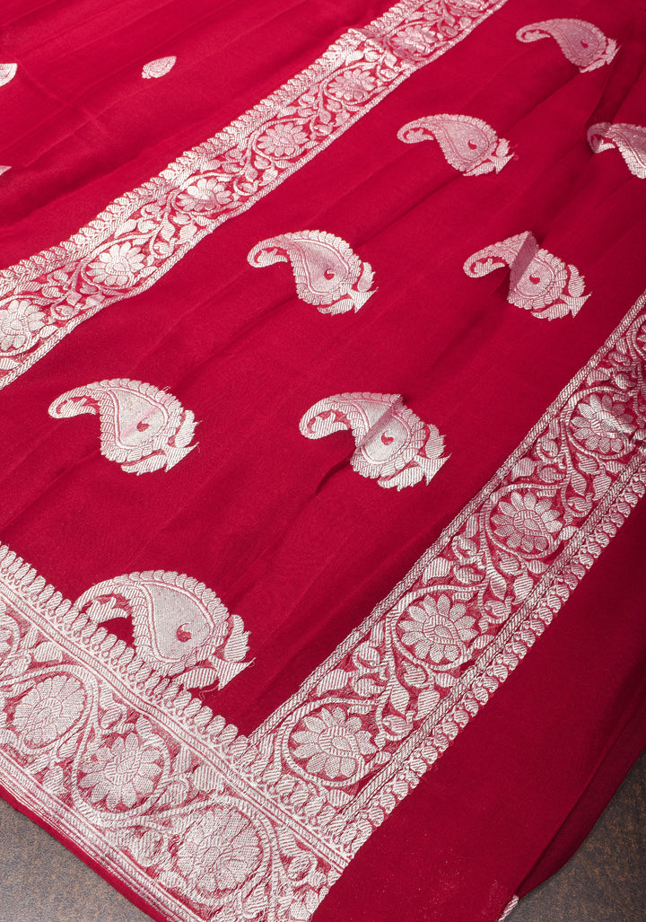 Maroon Banarasi Chiffon Silk Saree with Zari Buttas and Border | SILK MARK CERTIFIED