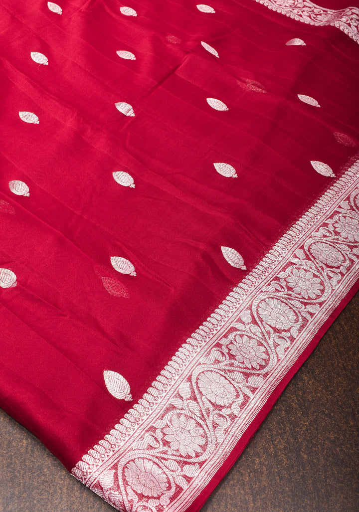 Maroon Banarasi Chiffon Silk Saree with Zari Buttas and Border | SILK MARK CERTIFIED