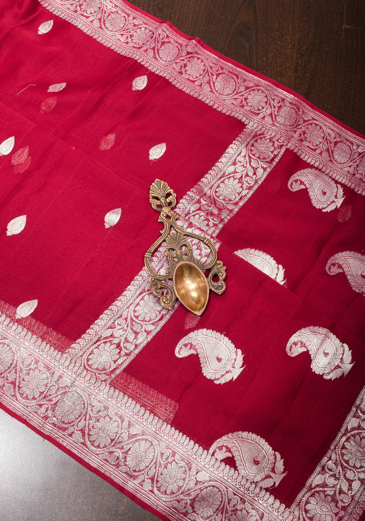 Maroon Banarasi Chiffon Silk Saree with Zari Buttas and Border | SILK MARK CERTIFIED