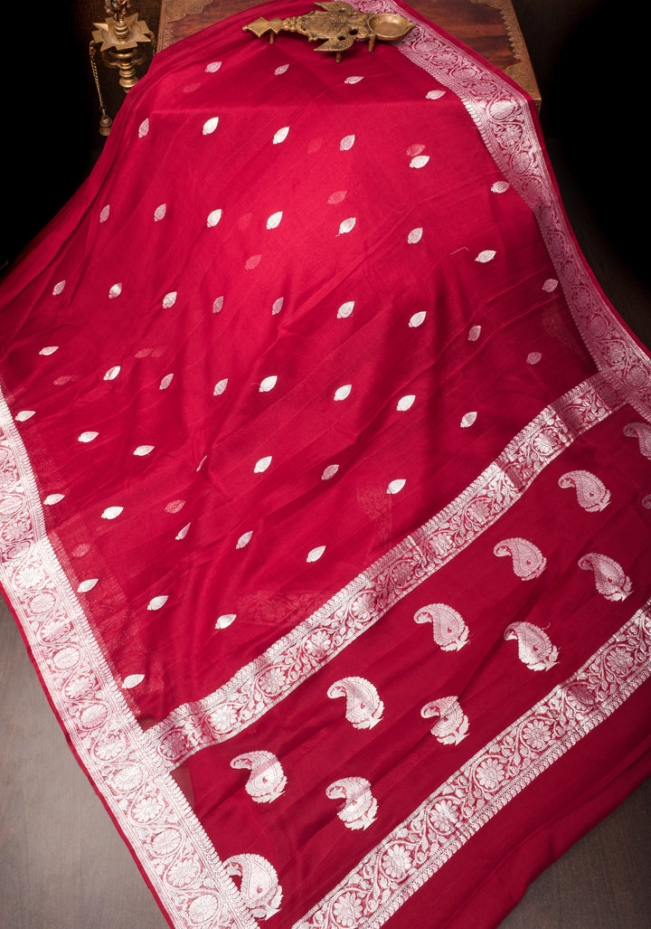 Maroon Banarasi Chiffon Silk Saree with Zari Buttas and Border | SILK MARK CERTIFIED