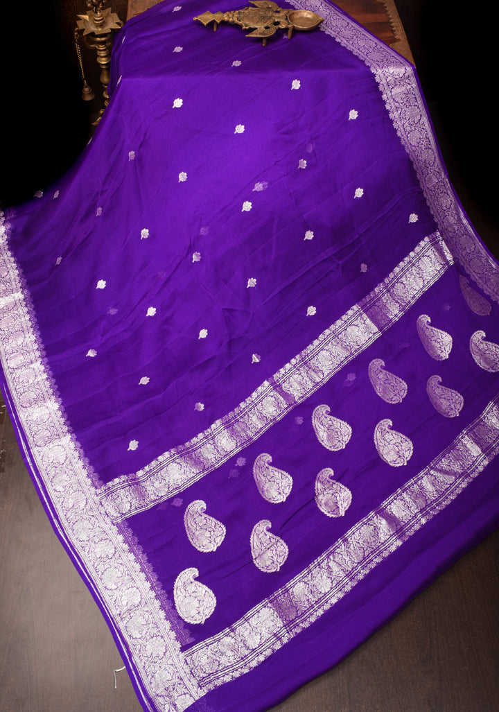Purple Banarasi Chiffon Silk Saree with Silver Zari Buttas and Zari Border | SILK MARK CERTIFIED