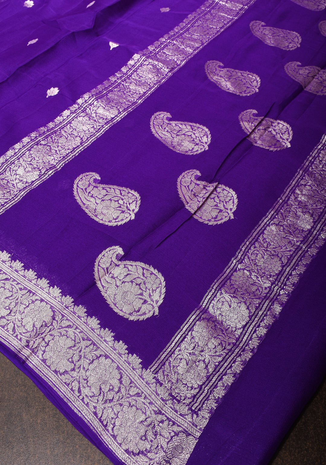 Purple Banarasi Chiffon Silk Saree with Silver Zari Buttas and Zari Border | SILK MARK CERTIFIED