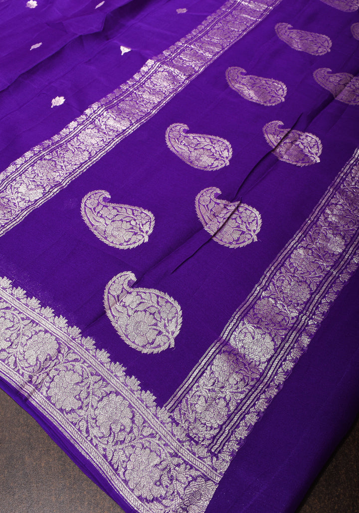 Purple Banarasi Chiffon Silk Saree with Silver Zari Buttas and Zari Border | SILK MARK CERTIFIED