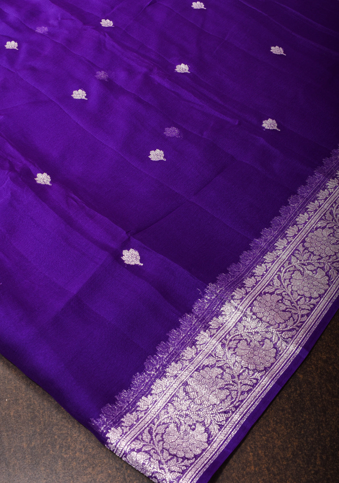 Purple Banarasi Chiffon Silk Saree with Silver Zari Buttas and Zari Border | SILK MARK CERTIFIED