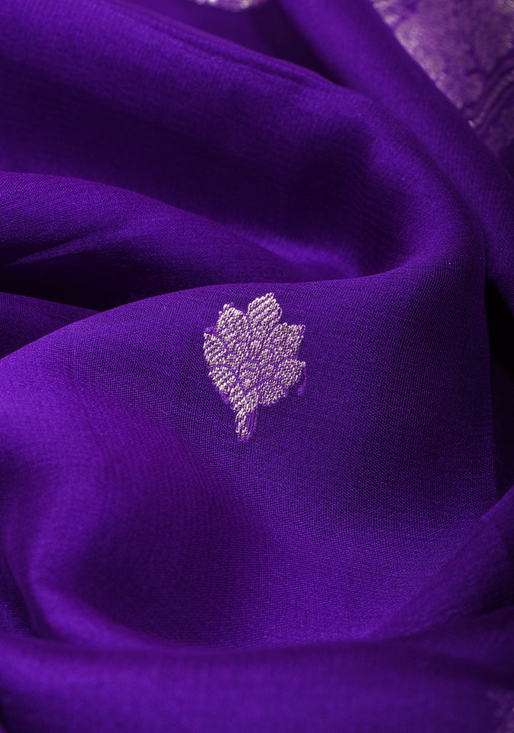 Purple Banarasi Chiffon Silk Saree with Silver Zari Buttas and Zari Border | SILK MARK CERTIFIED
