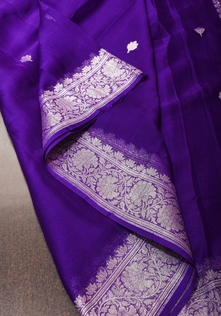 Purple Banarasi Chiffon Silk Saree with Silver Zari Buttas and Zari Border | SILK MARK CERTIFIED