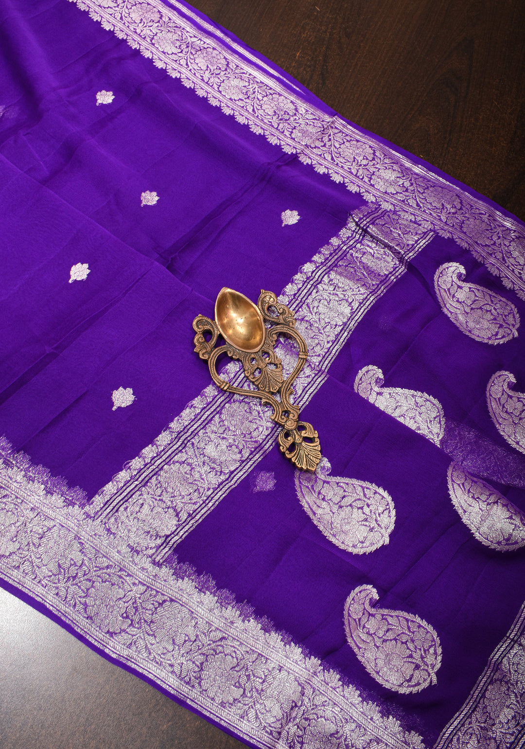Purple Banarasi Chiffon Silk Saree with Silver Zari Buttas and Zari Border | SILK MARK CERTIFIED