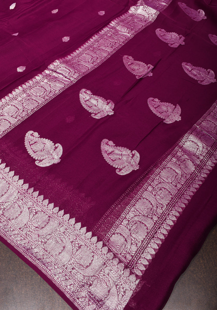 Dark Purple Banarasi Chiffon Silk Saree with Zari Buttas and Border | SILK MARK CERTIFIED