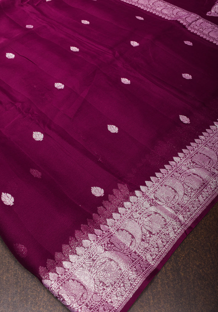 Dark Purple Banarasi Chiffon Silk Saree with Zari Buttas and Border | SILK MARK CERTIFIED