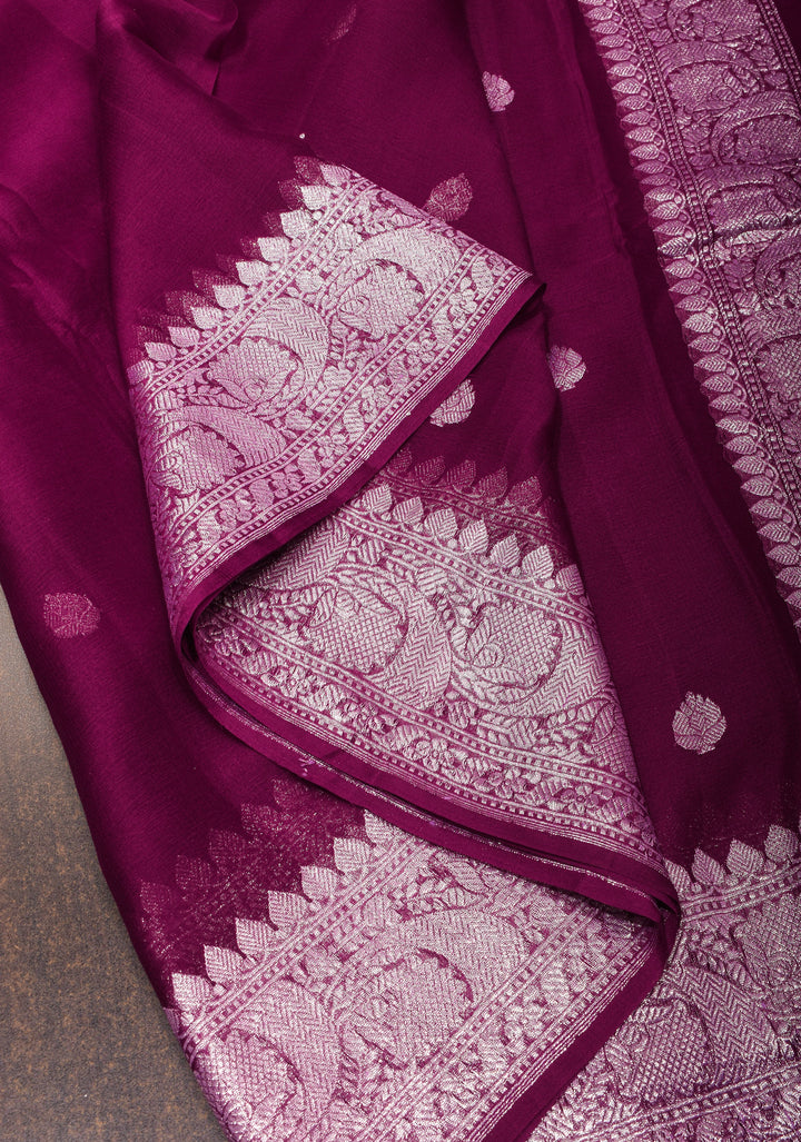 Dark Purple Banarasi Chiffon Silk Saree with Zari Buttas and Border | SILK MARK CERTIFIED