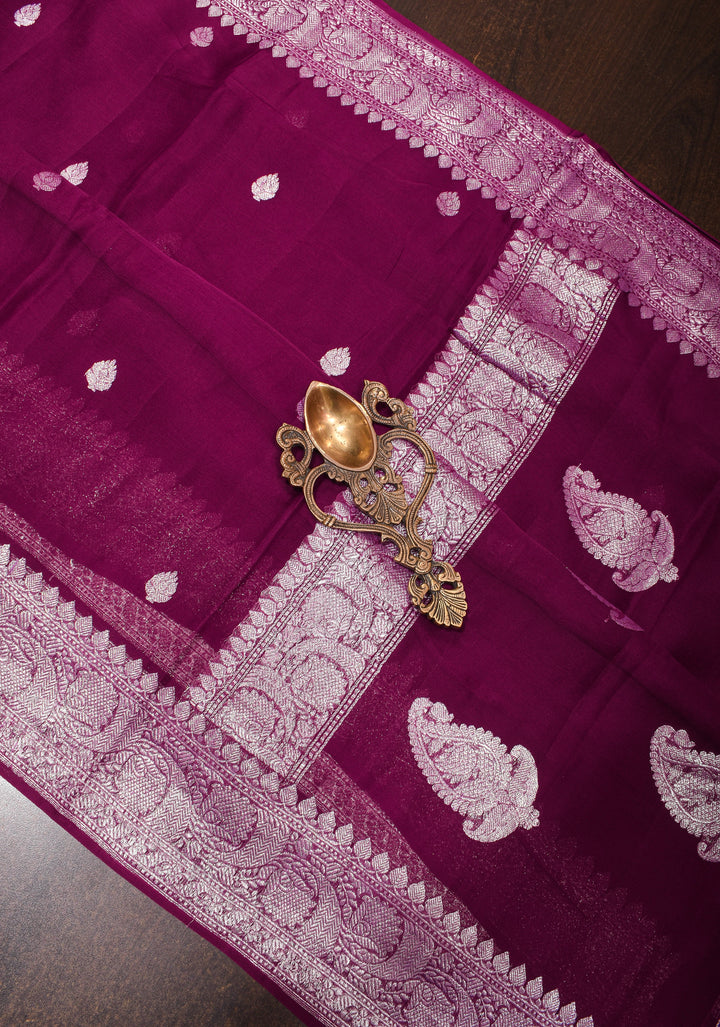Dark Purple Banarasi Chiffon Silk Saree with Zari Buttas and Border | SILK MARK CERTIFIED