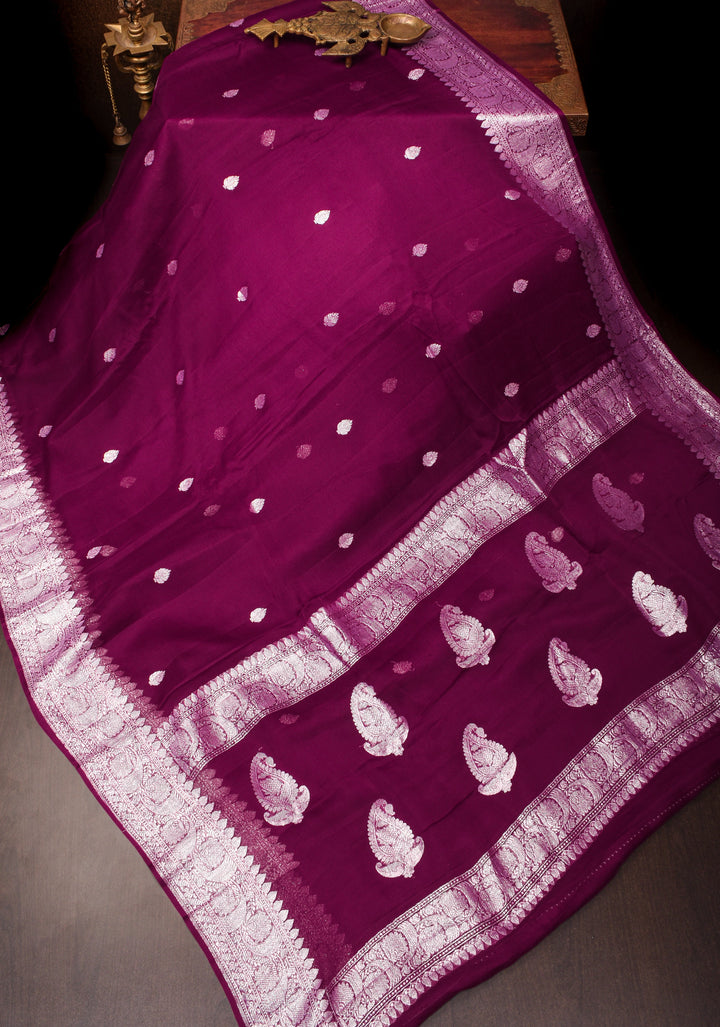 Dark Purple Banarasi Chiffon Silk Saree with Zari Buttas and Border | SILK MARK CERTIFIED