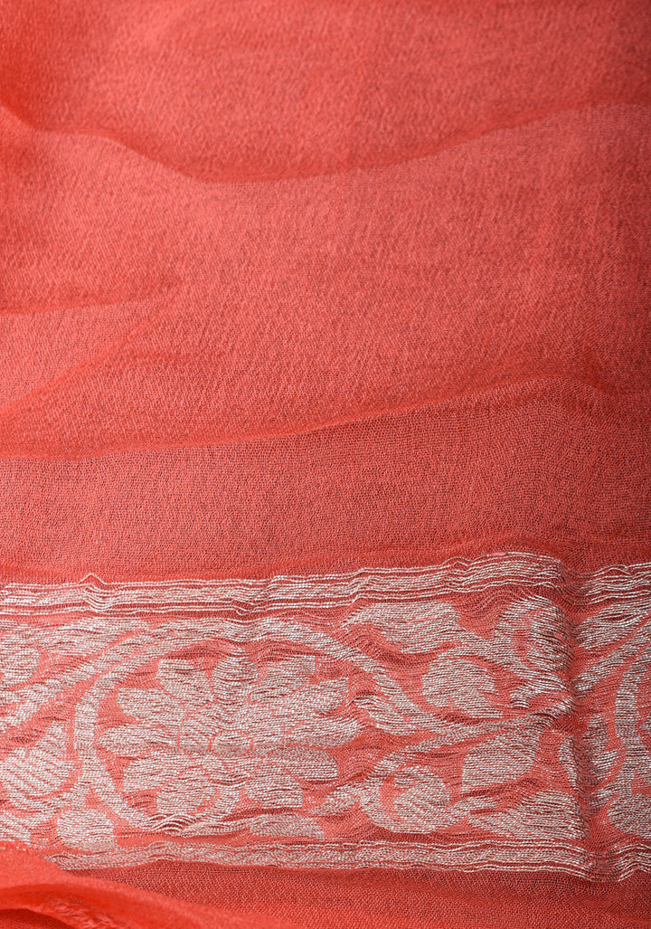Coral Pink Banarasi Chiffon Silk Saree with Zari Buttas and Border | SILK MARK CERTIFIED