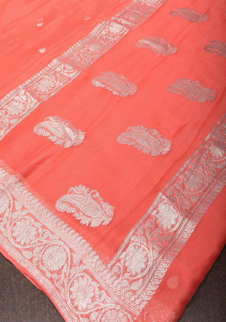 Coral Pink Banarasi Chiffon Silk Saree with Zari Buttas and Border | SILK MARK CERTIFIED