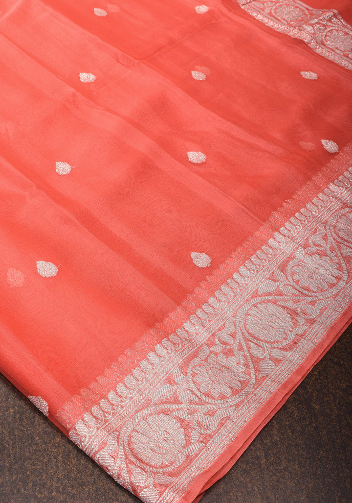 Coral Pink Banarasi Chiffon Silk Saree with Zari Buttas and Border | SILK MARK CERTIFIED
