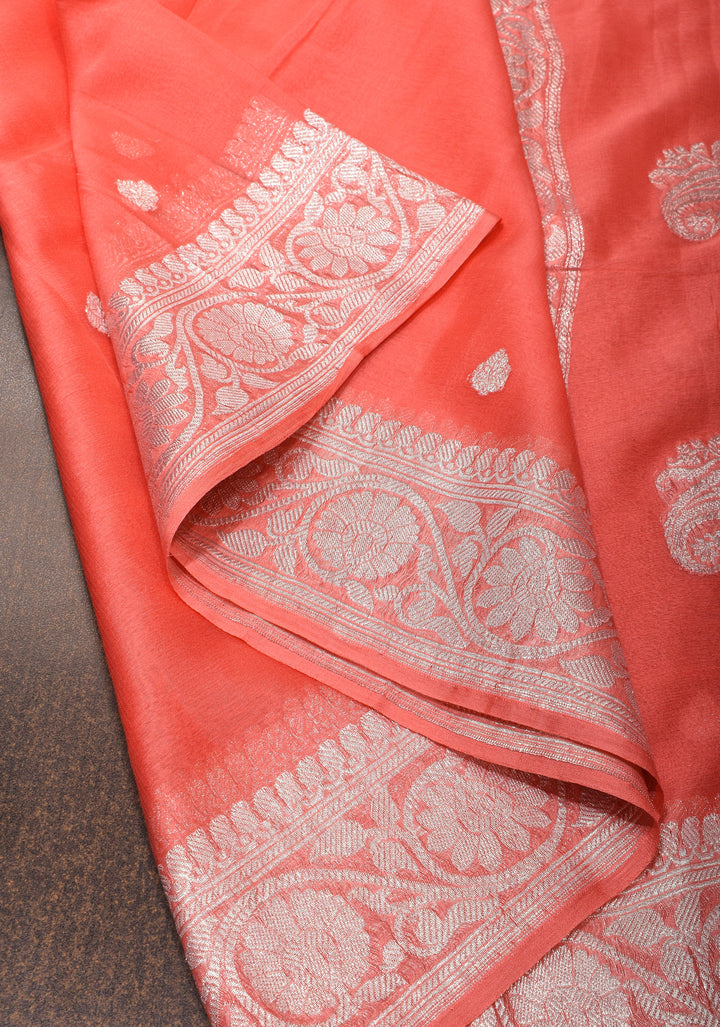 Coral Pink Banarasi Chiffon Silk Saree with Zari Buttas and Border | SILK MARK CERTIFIED