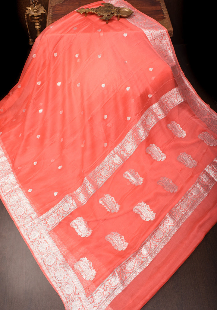 Coral Pink Banarasi Chiffon Silk Saree with Zari Buttas and Border | SILK MARK CERTIFIED