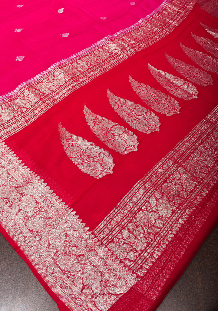 Hot Pink Banarasi Chiffon Silk Saree with Silver Zari Buttas & Redi Border | SILK MARK CERTIFIED