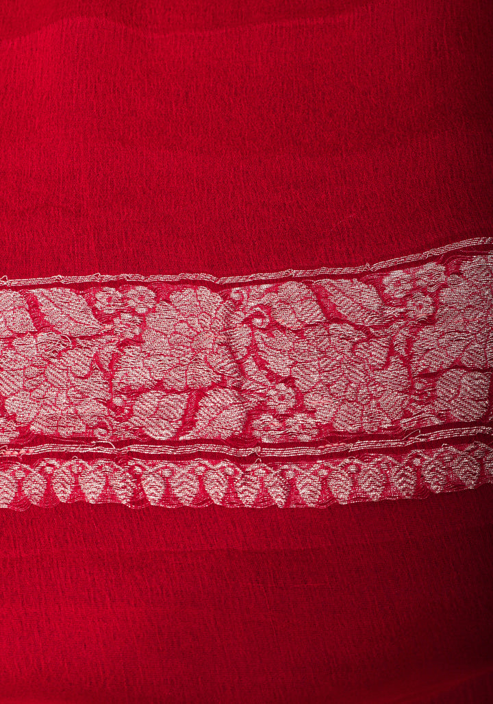 Hot Pink Banarasi Chiffon Silk Saree with Silver Zari Buttas & Redi Border | SILK MARK CERTIFIED