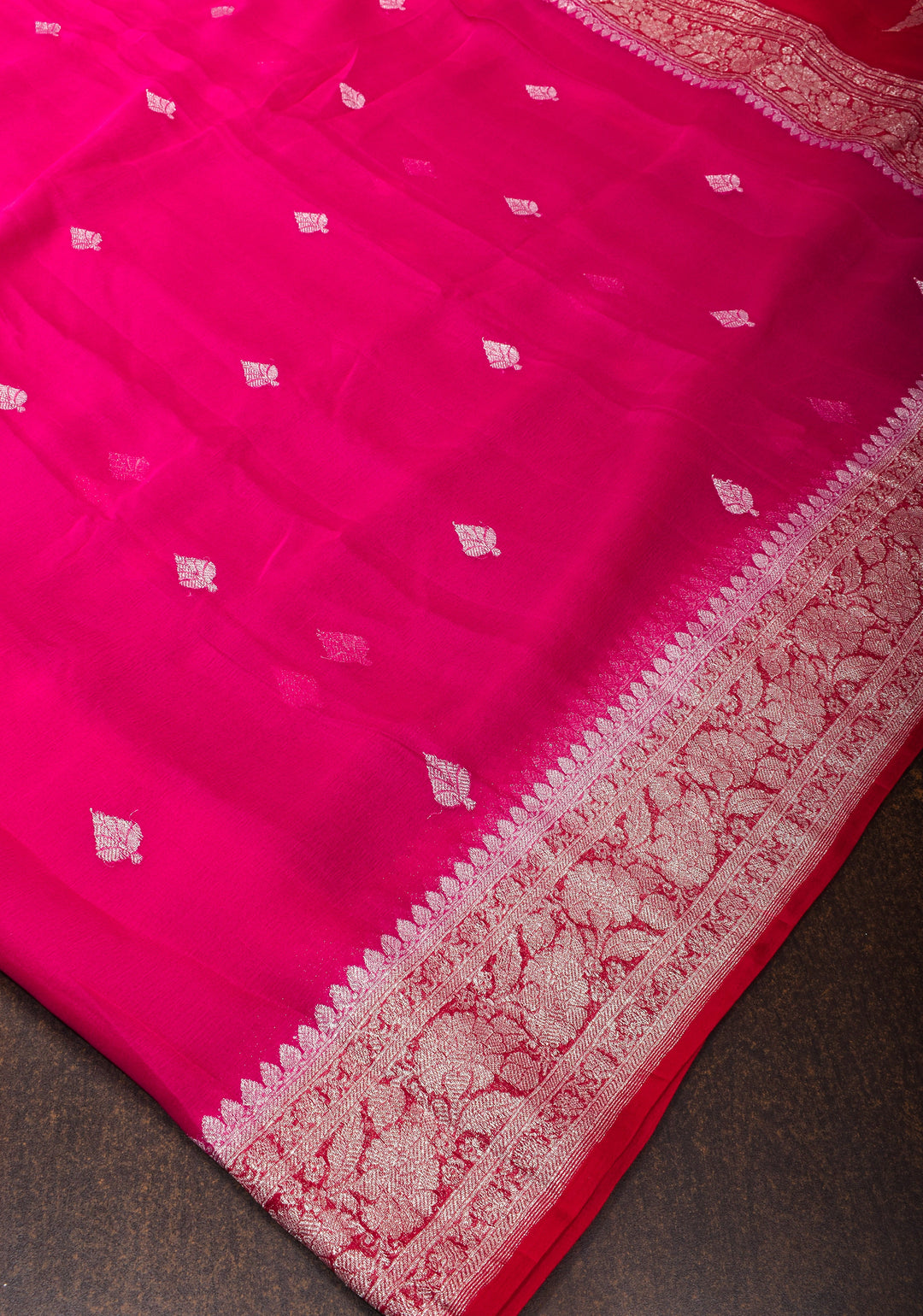 Hot Pink Banarasi Chiffon Silk Saree with Silver Zari Buttas & Redi Border | SILK MARK CERTIFIED