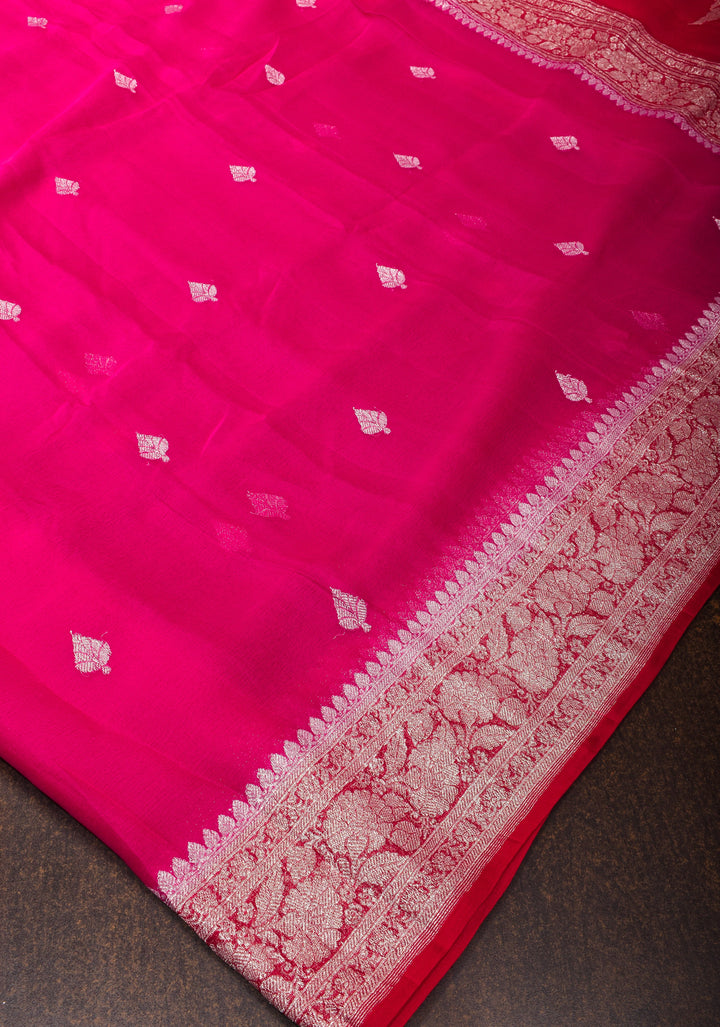 Hot Pink Banarasi Chiffon Silk Saree with Silver Zari Buttas & Redi Border | SILK MARK CERTIFIED