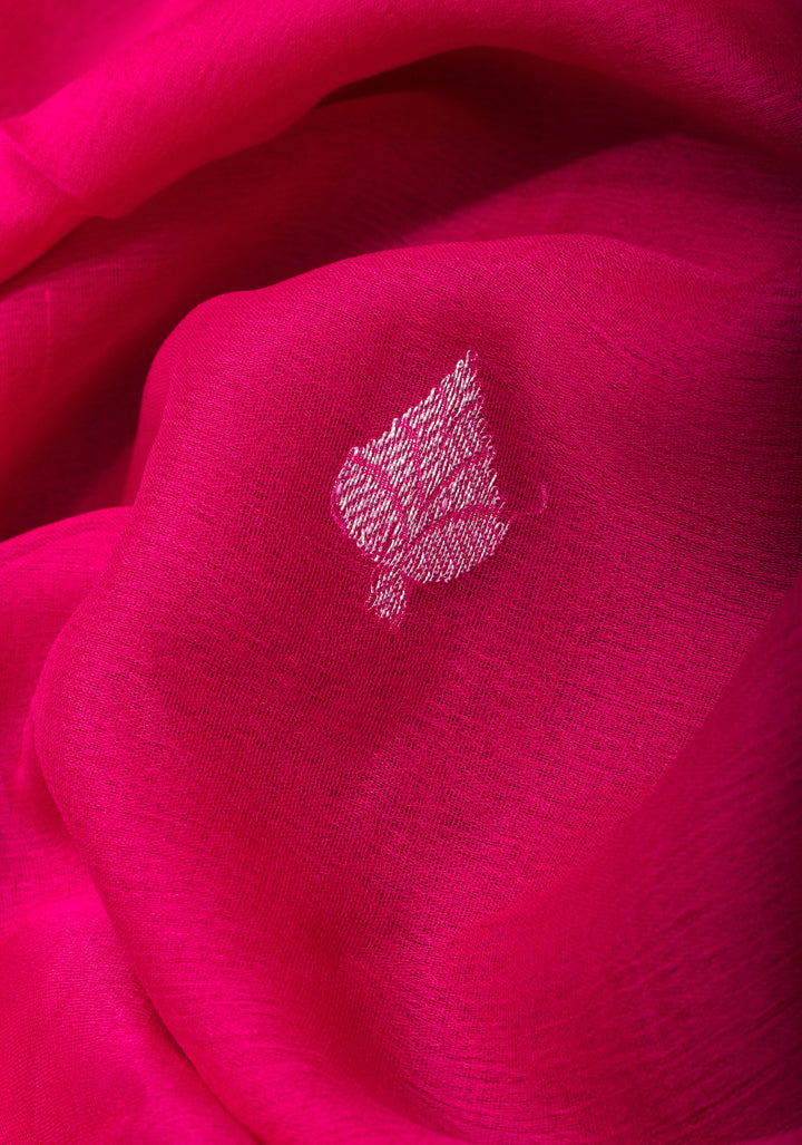 Hot Pink Banarasi Chiffon Silk Saree with Silver Zari Buttas & Redi Border | SILK MARK CERTIFIED