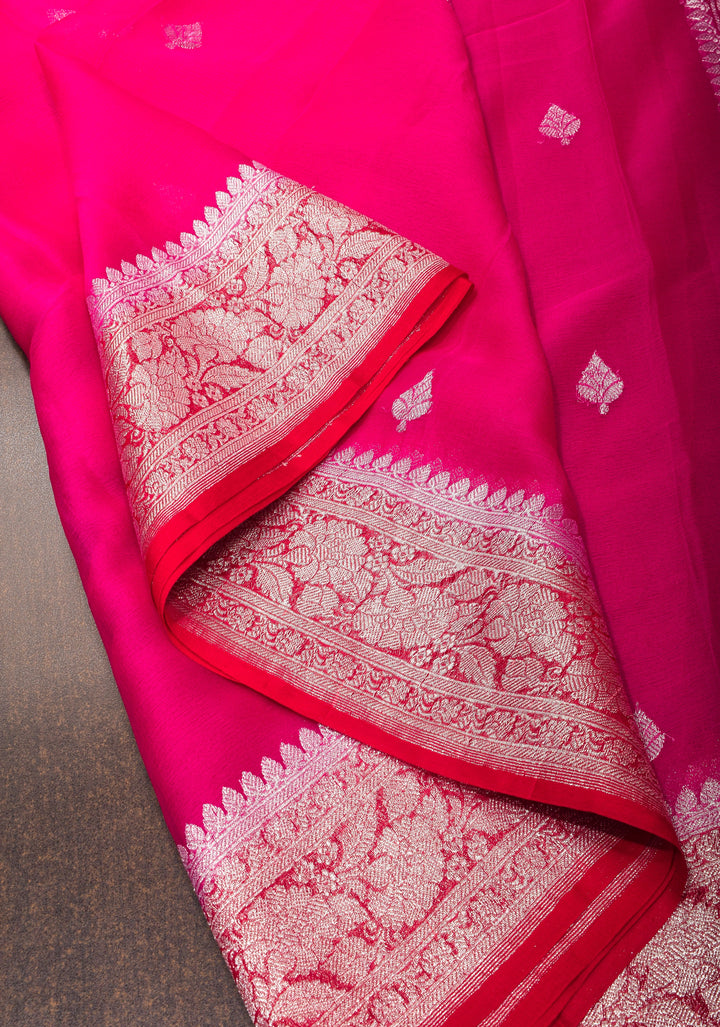 Hot Pink Banarasi Chiffon Silk Saree with Silver Zari Buttas & Redi Border | SILK MARK CERTIFIED