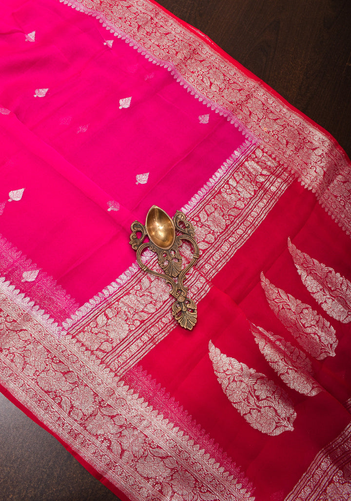 Hot Pink Banarasi Chiffon Silk Saree with Silver Zari Buttas & Redi Border | SILK MARK CERTIFIED