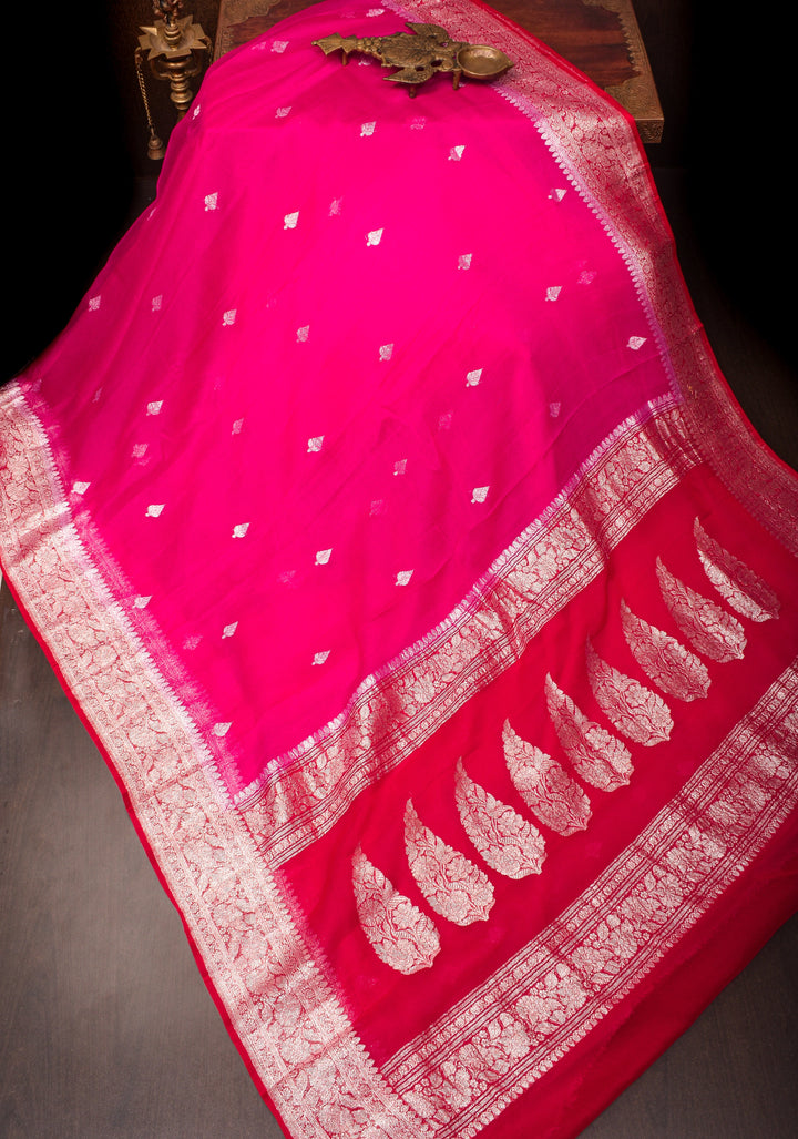 Hot Pink Banarasi Chiffon Silk Saree with Silver Zari Buttas & Redi Border | SILK MARK CERTIFIED