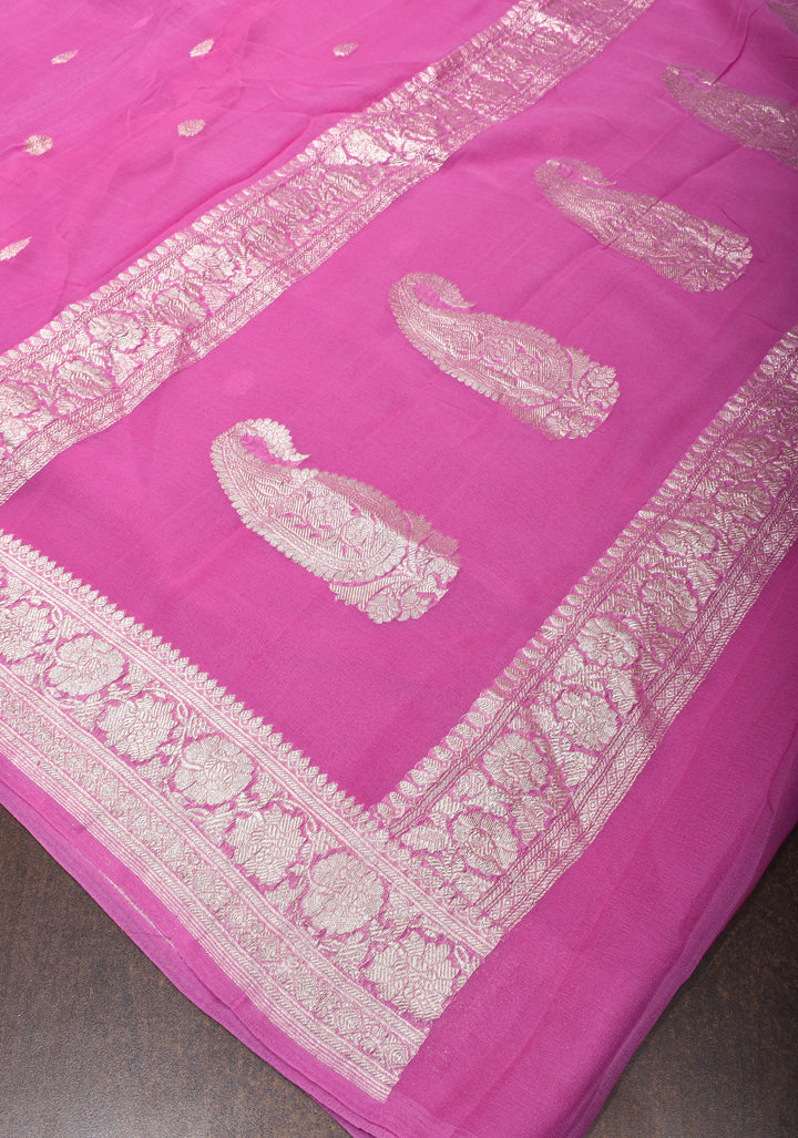 Charming  Pink Banarasi Chiffon Silk Saree with Silver Zari Buttas & Zari Border | SILK MARK CERTIFIED
