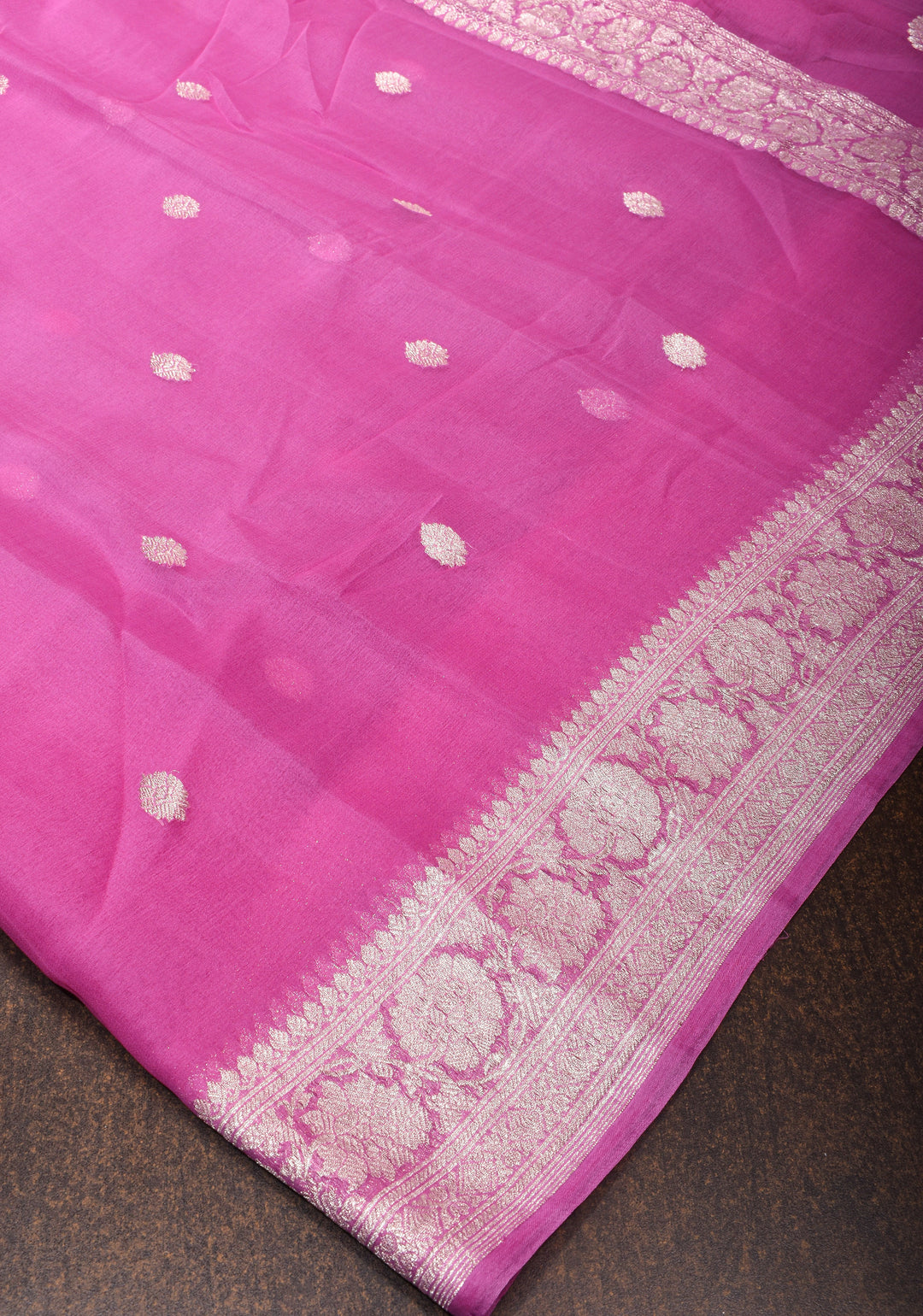 Charming  Pink Banarasi Chiffon Silk Saree with Silver Zari Buttas & Zari Border | SILK MARK CERTIFIED
