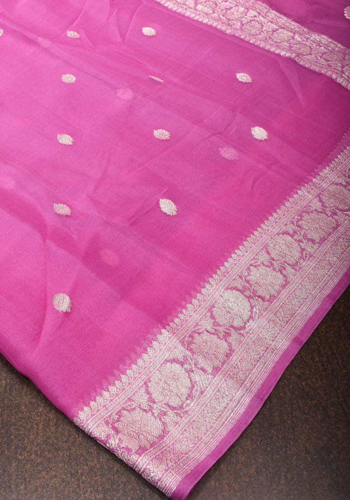 Charming  Pink Banarasi Chiffon Silk Saree with Silver Zari Buttas & Zari Border | SILK MARK CERTIFIED