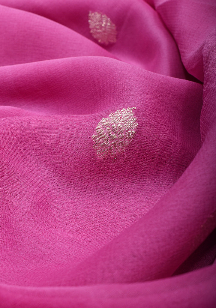 Charming  Pink Banarasi Chiffon Silk Saree with Silver Zari Buttas & Zari Border | SILK MARK CERTIFIED