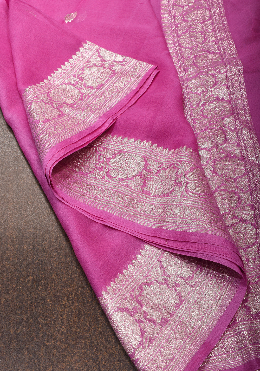 Charming  Pink Banarasi Chiffon Silk Saree with Silver Zari Buttas & Zari Border | SILK MARK CERTIFIED