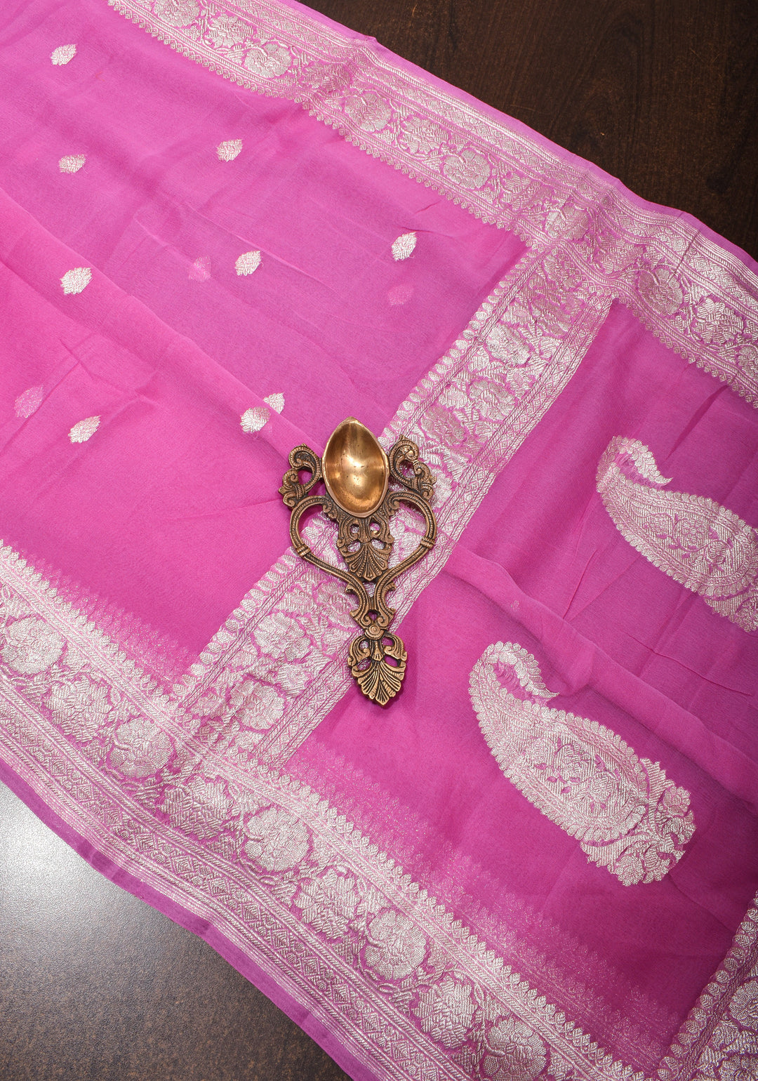 Charming  Pink Banarasi Chiffon Silk Saree with Silver Zari Buttas & Zari Border | SILK MARK CERTIFIED