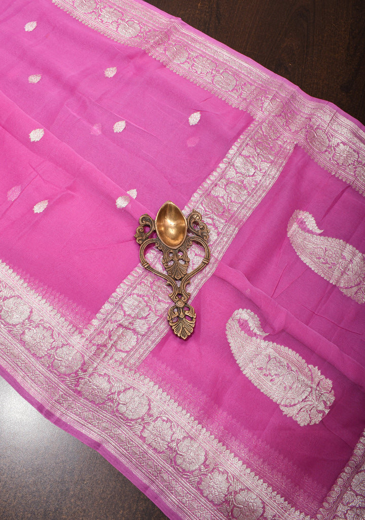 Charming  Pink Banarasi Chiffon Silk Saree with Silver Zari Buttas & Zari Border | SILK MARK CERTIFIED
